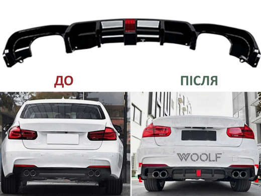 Накладка на задній бампер BMW F30 (2013-2019 р.в.) зі соп-сигналом (під дві подвійні вихлопні труби)